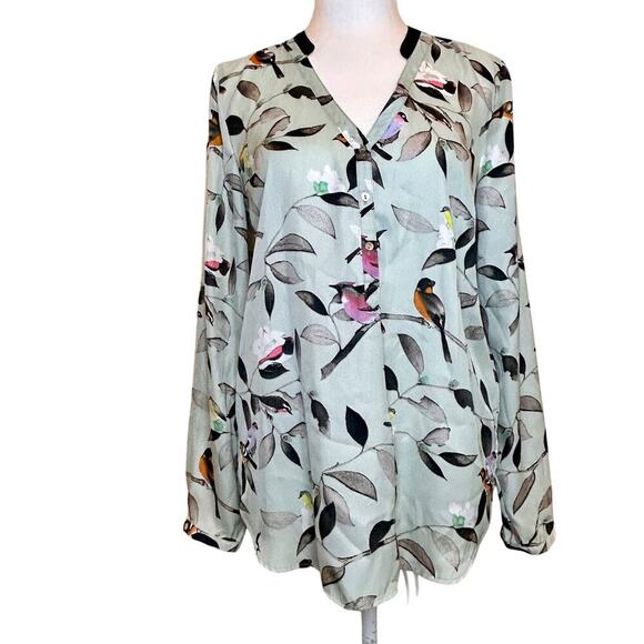 BIRDS Zara Blouse Top Sz Medium Green Long Sleeve V Neck Green - Picture 3 of 8